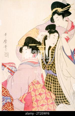 Kitagawa Utamaro, deux Geishas et un Tipsy client, gravure sur bois à l'encre et couleur sur papier, vers 1805 Banque D'Images