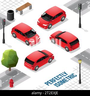 Rouge petite voiture isométrique de l'avant arrière droite et gauche isolé sur blanc Illustration de Vecteur