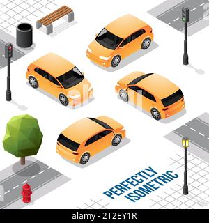 Jaune petite voiture isométrique de l'avant arrière droite et gauche isolé sur blanc Illustration de Vecteur