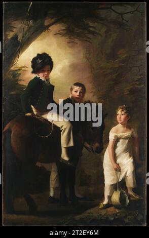 Les enfants Drummond Sir Henry Raeburn britannique, écossais ca. 1808–9 George Drummond, six ans, est représenté sur son poney, l'objet d'admirer les regards de son frère et de sa sœur adoptifs. George devint membre de la banque familiale, se Maria, eut quatre enfants et mourut à l'âge de 49 ans. En revanche, en 1821, son père avait entrepris une vie de jeu et de dissipation, abandonné sa femme et ses enfants, et vivait avec la femme d'un officier de marine. Le peintre prééminent des Lumières écossaises, Raeburn était particulièrement doué pour les représentations naturalistes d'enfants. Afficher plus. Les enfants Drummond. S Banque D'Images