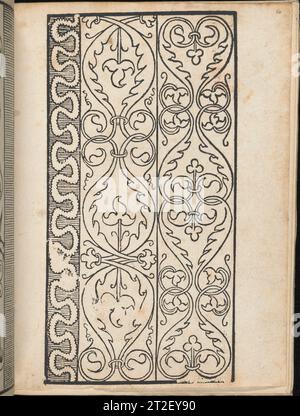 Ein New Modelbuch..., page 8 (verso) Éditeur Johann Schönsperger le Jeune Allemand 22 octobre 1524 publié par Johann Schӧnsperger le Jeune, Zwickau.de haut en bas, et de gauche à droite:Design composé de 2 colonnes verticales. La colonne de gauche est décorée de vignes incurvées de feuilles et de fleurs qui forment un motif de formes de cœur. La colonne de droite est décorée de branches enroulées de feuilles et de fleurs se chevauchant. Banque D'Images