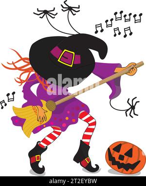 Halloween Sorcière jouant une guitare (son balai) Illustration de Vecteur