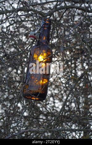 Bouteille de bière vide. A Avertissement. Banque D'Images