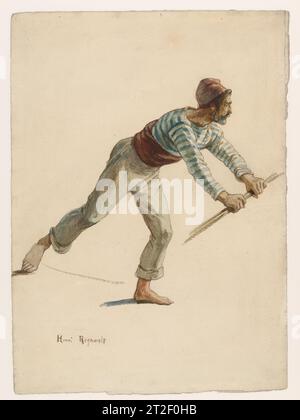 Gondolier Henri Regnault Français ca. 1868 après avoir remporté le Prix de Rome, Regnault se rend en Italie en 1867. Il semble avoir traversé Venise très brièvement en 1868, où il aurait pu observer un tel gondolier à l'œuvre. Il a été déçu par la ville, la trouvant «insuffisamment lumineuse», et par l'Italie en général. Son travail a plutôt prospéré en Espagne lors de ses voyages en 1868?69. Stylistiquement, ce travail est étroitement lié aux aquarelles de types espagnols qu'il produisait à cette époque. Afficher plus. Gondolier. Henri Regnault (Paris 1843–1871 Buzenval). env. 1868. Aquarelle, stylo et brun i Banque D'Images