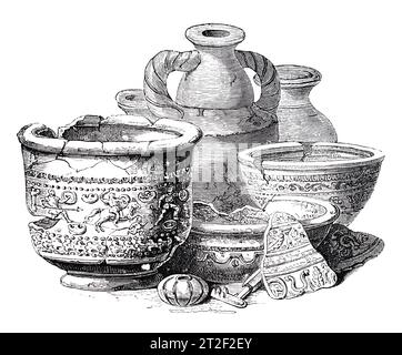 Urnes, vases, clé, perle et fragment de poterie, trouvés dans Lombard Street 1785. Illustration en noir et blanc de la 'Vieille Angleterre' publiée par James Sangster en 1860. Banque D'Images