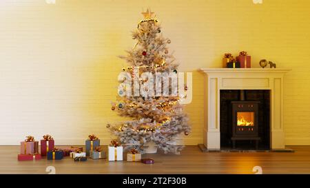 Arbres de Noël et coffrets cadeaux dans le salon avec murs en briques blanches et cheminées, rendu 3D. Banque D'Images