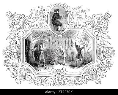 Emblèmes saxons du mois de février. Illustration en noir et blanc de la 'Vieille Angleterre' publiée par James Sangster en 1860. Banque D'Images