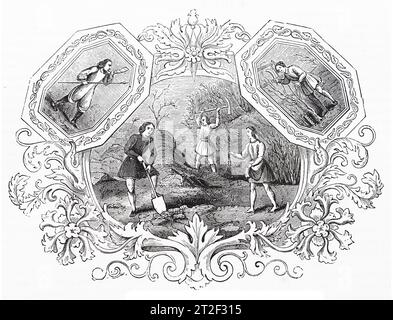 Emblèmes saxons du mois de mars. Illustration en noir et blanc de la 'Vieille Angleterre' publiée par James Sangster en 1860. Banque D'Images