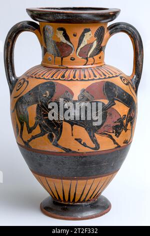 Terre cuite cou-amphore (pot) attribué au Groupe Polyphemos ca. 540–530 av. J.-C. sur le corps, avers, lions abattant un taureau ; revers, trois centausEn cou, avers et revers, sirènes Voir plus. Amphore col en terre cuite (pot). Attribué au Groupe Polyphemos. Grec, chalcidien. env. 540–530 BCE. Terre cuite ; figurine noire. Archaïque. Vases Banque D'Images