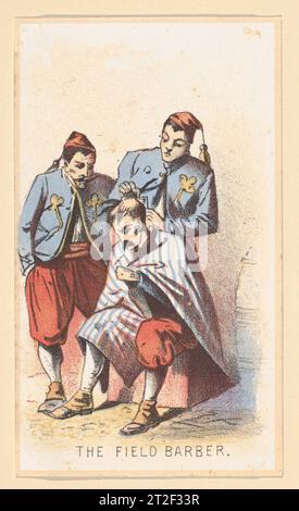 Life in Camp, part 2 : The Field Barber après Winslow Homer Éditeur américain Louis Prang & Co. Éditeur américain Beadle & Co. British 1864 en 1864, Homer conçoit deux séries de cartes de collectionneurs lithographiées intitulées Life in Camp. Contrairement à ses images en temps de guerre pour Harper’s Weekly, l’artiste s’est senti libre d’injecter de l’humour dans ces commentaires miniatures sur la vie de l’armée qui comprennent des images d’épouses, de chéris et de soldats qui s’amusent en congé. Cette carte représente des Zouaves, soldats qui appartenaient à des régiments de volontaires de l'Union avec des uniformes d'inspiration nord-africaine distingués par des pantalons baggy, courts j Banque D'Images