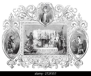 Emblèmes saxons du mois d'avril. Illustration en noir et blanc de la 'Vieille Angleterre' publiée par James Sangster en 1860. Banque D'Images