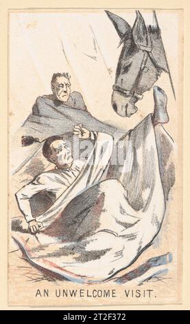 Life in Camp, part 1 : une visite indésirable après Winslow Homer Éditeur américain Louis Prang & Co. American 1864 en 1864, Homer conçoit deux séries de cartes de collectionneurs lithographiées intitulées Life in Camp pour l’éditeur de Boston Louis Prang & Co Contrairement à ses images sérieuses en temps de guerre pour Harper’s Weekly, l’artiste s’est senti libre d’injecter de l’humour dans ces commentaires miniatures sur la vie de l’armée qui comprennent des images de soldats se reposant, mangeant et réagissant aux réalités de la vie de l’armée. Ici, une mule envahit la tente d'un soldat endormi. En 1864, la guerre entrait dans ses derniers mois et autrefois sacro-sainte subje Banque D'Images