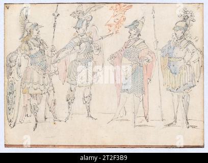 Quatre acteurs en Costume héroïque, avec une étude d'une tête Helmeted Claude Gillot français ca. 1711–22 Claude Gillot est avant tout un graphiste dont les sujets incluent le théâtre et les bacchanaux ludiques. Ce bloc présente des études de quatre personnages en costume héroïque avec une reprise d'une tête casquée. L’utilisation de teintes aquarelles délicates le situe dans la plus grande tradition des costumes pour le théâtre, par des artistes comme Jean Berain. Par son travail, Gillot a contribué à populariser la commedia dell’arte et a influencé son élève, Antoine Watteau, dont les fêtes galantes ont incorporé des éléments du Banque D'Images