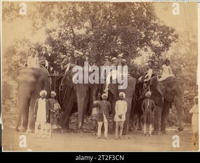 [Quatre éléphants avec des voyageurs et des accompagnateurs occidentaux, Jaipur, Inde] Inconnu années 1860–70 Banque D'Images