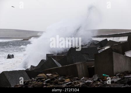 Orkney, Royaume-Uni. 19 octobre 2023. MÉTÉO au Royaume-Uni : la tempête Babet frappe les Orcades avec des vents violents alors que le met Office émet un avertissement météorologique jaune pour le nord-est de l'Écosse. Les vents violents provoquent l'écrasement des vagues sur l'A961 qui traverse l'une des barrières Churchill sur les îles. Crédit : Peter Lopeman/Alamy Live News Banque D'Images