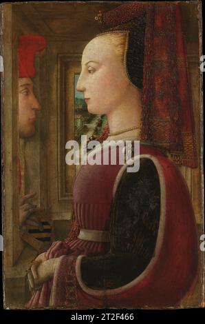 Portrait d'une femme avec un homme à un Casement FRA Filippo Lippi italien ca. 1440 dans la peinture italienne, il s'agit du plus ancien portrait double survivant, le premier à montrer des sitters dans un cadre domestique, et le premier avec une vue sur un paysage. La femme est vêtue d'une tenue d'inspiration française et sa manche est brodée de lettres épelant 'lealta' (fidèle), un indice que l'homme apparaissant dans la fenêtre est peut-être son fiancé. Il tient les armoiries de la famille Scolari, preuve que les deux personnages peuvent être Lorenzo di Ranieri Scolari et Angiola di Bernardo Sapiti, qui se sont mariés vers 1436. Banque D'Images
