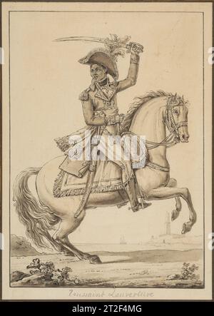 Toussaint Louverture sur cheval Claude Louis Desrais sitter français Toussaint Louverture Haïtien ca. 1802 ce dessin détaillé à l'encre et au lavis a récemment été mis au jour et attribué à Claude Louis Desrais d'après une inscription sur le verso. L'identité du sujet en tant que Toussaint Louverture (ca.1743-1803) est connue par l'inscription sur le dessin ainsi que sur l'estampe connexe publiée par Pierre Jean, une œuvre considérée jusqu'à présent comme étant d'après un dessin anonyme. Toussaint-Louverture émerge comme leader lors des soulèvements généralisés des esclaves à Saint-Domingue (non Banque D'Images