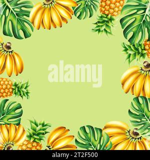 Cadre tropical aquarelle avec un bouquet de bananes, ananas et feuilles de monstera. Illustrations de fruits mûrs isolées sur fond blanc pour Banque D'Images