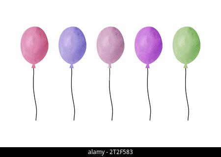 Ensemble d'aquarelles dessinées à la main de ballons d'hélium. Ballon illustration des couleurs : vert, bleu, violet, violet et rose. illustrations pour la conception, invitatio Banque D'Images