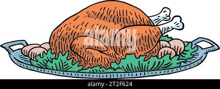 Vector plaqué avec Roasted Turkey Cartoon Doodle Lineart isolé dans le fond blanc Illustration de Vecteur