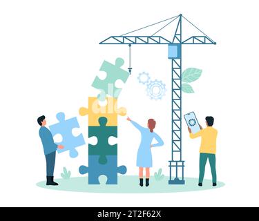 Construction de travail d'équipe, illustration vectorielle de coopération d'entreprise. Les gens minuscules de bande dessinée construisent des puzzles tour à partir de blocs, construisent le bâtiment avec la grue de construction et font le projet numérique ensemble Illustration de Vecteur