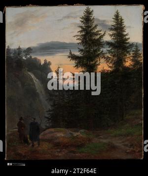 Two Men Before a Waterfall at Sunset Johan Christian Dahl Norwegian 1823 situé dans un paysage sauvage évoquant sa Norvège natale et représentant Dahl aux côtés de son collègue peintre Caspar David Friedrich, ce tableau rend hommage au chef-d'œuvre de Friedrich de 1819 Two Men Concontempling the Moon, que Dahl a reçu en cadeau de l'artiste (aujourd'hui Gemäldegalerie, Dresde). Une variante ultérieure de la composition de Friedrich se trouve dans The Metropolitan (2000.51) ; dans cette œuvre, Friedrich se tient aux côtés de son ami le peintre August Heinrich, qui était aussi un ami de Dahl Banque D'Images