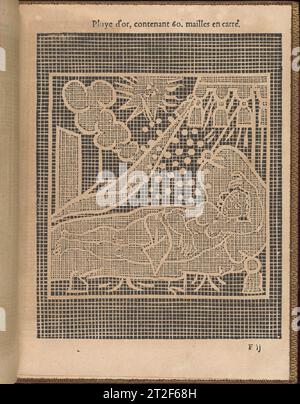 La pratique de l'aiguille, page 21 (recto) divers artistes/makers 1605 écrit par Matthias Mignerak, page de titre gravée par Pierre Firens, français, né à Paris en 1641, dédié à Marie de Médicis, Florence 1575-1642 Cologne, publié par Jean le Clerc, Paris.de haut en bas, et de gauche à droite : Design est imprimé sur une grille et est décoré avec une scène représentant une femme couchée dans son lit avec de la pluie dorée tombant sur elle. Banque D'Images