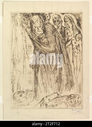 Macbeth IV Wilhelm Lehmbruck sujet allemand William Shakespeare Britannique 1918 connu pour être sculpteur, Lehmbruck a également réalisé des gravures et des pointes sèches dans sa dernière décennie. Cet exemple appartient à une série qu'il a consacrée à Lady Macbeth, une figure redoutable de la pièce de Shakespeare qui encourage son mari à assassiner le roi Duncan pour accéder au trône, et qui est elle-même finalement consumée par la culpabilité. Ici, elle attrape un poignard et est entourée de cadavres et de wraiths. La figure âgée au premier plan à droite représente probablement Duncan, tandis que le groupe à droite peut être la famille de Banquo. Traumatisé par son service dans Banque D'Images