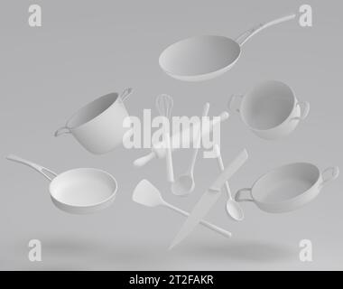 Ensemble de ragoût volant, poêle à frire et batterie de cuisine chromée sur monochrome Banque D'Images