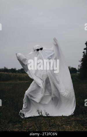 Costume créatif Halloween pour un adulte. Un fantôme d'un drap blanc avec des lunettes de soleil noires dansant dans un champ d'automne. Concept Trick or Treat. Banque D'Images