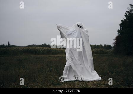 Costume créatif Halloween pour un adulte. Un fantôme d'un drap blanc avec des lunettes de soleil noires dansant dans un champ d'automne. Concept Trick or Treat. Banque D'Images