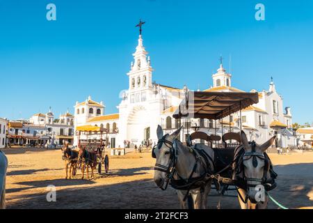 Chevaux prêts à monter dans le sanctuaire de Rocio au festival de Rocio, Huelva. Andalousie Banque D'Images