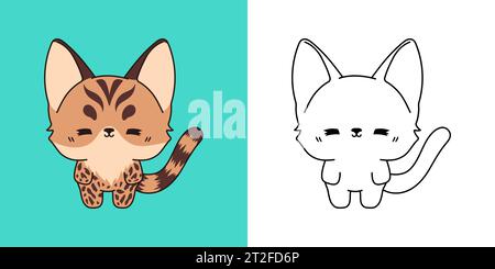 Kawaii Bengal Kitty Clipart multicolore et Noir et blanc. Mignon Kawaii Baby Cat.. Illustration de Vecteur