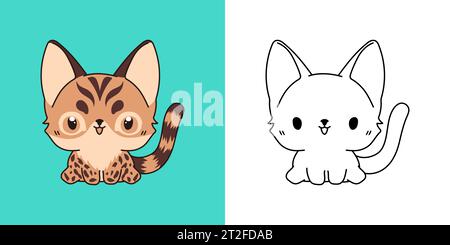 Clipart Bengal Cat multicolore et noir et blanc. Mignon clip Art Baby Kitty. Illustration de Vecteur