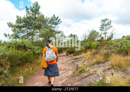 Un jeune homme sur le sentier de la forêt de Brocéliande, forêt mystique française située dans le département d'Ille-et-Vilaine, Bretagne, près de Rennes. France Banque D'Images