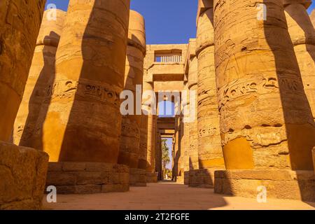 Colonnes avec hiéroglyphes à l'intérieur du temple de Karnak, le grand sanctuaire d'Amon. Égypte Banque D'Images