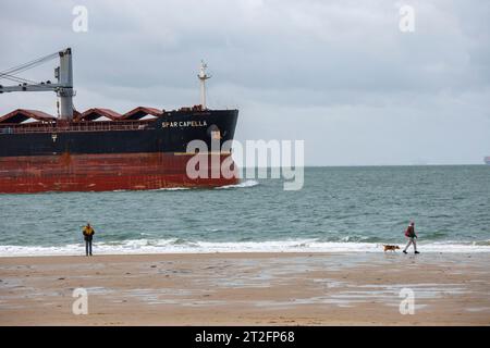 Le vraquier Star Capella passe la plage de Dishoek sur Walcheren, Zeeland, pays-Bas. Der Massengutfrachter Star Capella passiert d Banque D'Images