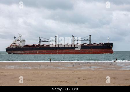 Le vraquier Star Capella passe la plage de Dishoek sur Walcheren, Zeeland, pays-Bas. Der Massengutfrachter Star Capella passiert d Banque D'Images