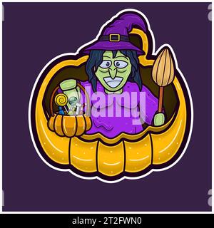 Sorcière sur Big Pumpkin Cartoon. Logo autocollant Halloween. Vecteurs et illustrations. Illustration de Vecteur