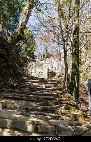 Bitchu Matsuyama château sur le Mont Gagyu au Japon, marches en pierre rugueuse abruptes menant aux fondations de la porte du château au sommet de la montagne du yaguramon Ote. Banque D'Images