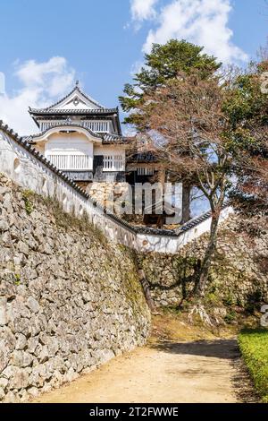 Château Bitchu Matsuyama au Japon. Le Nino maru, composé extérieur passant devant le mur de pierre ishigaki surmonté de murs de plâtre dobei, et le donjon. Banque D'Images