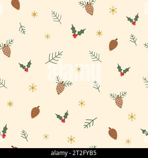 Motif sans couture sur le thème de Noël et d'hiver, avec des ananas, des hollies et des flocons de neige dorés sur fond jaune clair Illustration de Vecteur