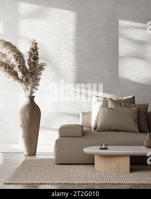 Salon Boho avec canapé, feuilles de palmier sèches et fond de mur gris. Lumière moderne vue sur la nature. rendu 3d. Illustration 3D de haute qualité Banque D'Images
