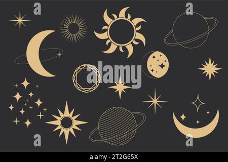 Définir des cadres célestes dorés, des frontières, arc ligne art ésotérique décoration minimale avec des étincelles isolées sur fond sombre. Illustration vectorielle Illustration de Vecteur