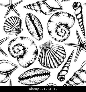 Motif Seashell sur fond isolé. Ornement linéaire sans couture vectoriel dessiné à la main avec Sea Shells pour papier d'emballage nautique ou textile. Illustration sous-marine avec cockleshell et pétoncle. Illustration de Vecteur