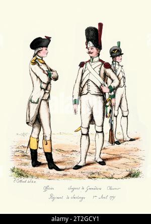 Uniformes militaires français, 18e siècle, Histoire, Infantry Soliders, Officier, sergent de grenadier, chasseur, Régiment de Saintonge Banque D'Images