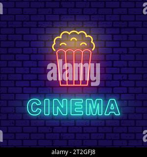 Sac en papier popcorn bannière Cinéma néon sur mur de briques Illustration de Vecteur