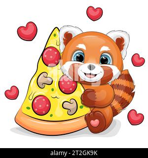 Mignon panda rouge de dessin animé avec un grand morceau de pizza. Illustration vectorielle d'un animal sur un fond blanc avec des coeurs rouges. Illustration de Vecteur