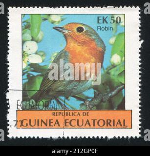 GUINÉE ÉQUATORIALE - CIRCA 1977 : timbre imprimé par la Guinée équatoriale, montre un oiseau tropical, circa 1977. Banque D'Images