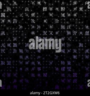 Fond de matrice abstraite. Caractères aléatoires de l'alphabet chinois traditionnel. Motif matriciel dégradé. Arrière-plans de thème de couleur violette. Illustration de Vecteur